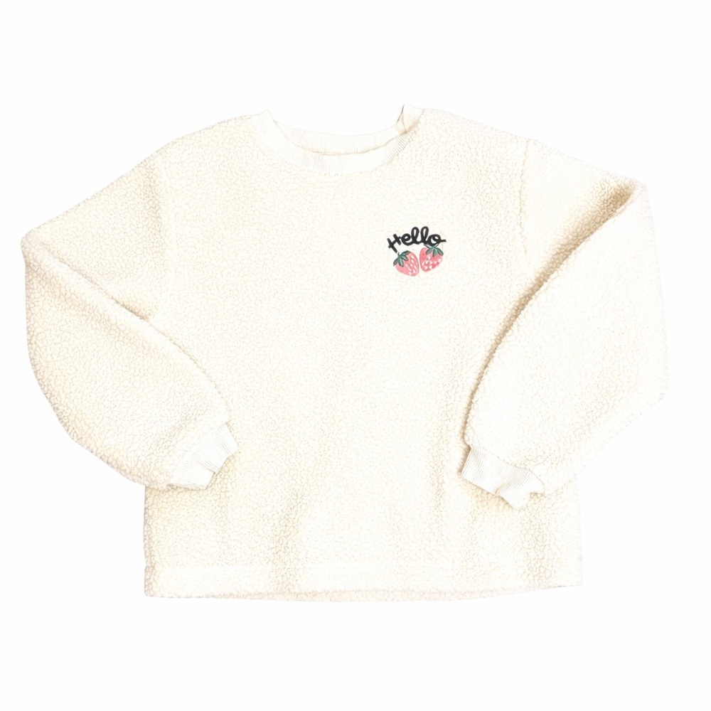 H&M NWOT Girl Sherpa Cozy Layering Sweater 🍓 Minimalist Embroidery Sz 4-6